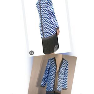 Emma Pake 100% Silk Blue Chevron Open-Front Cardigan with Fringe Trim